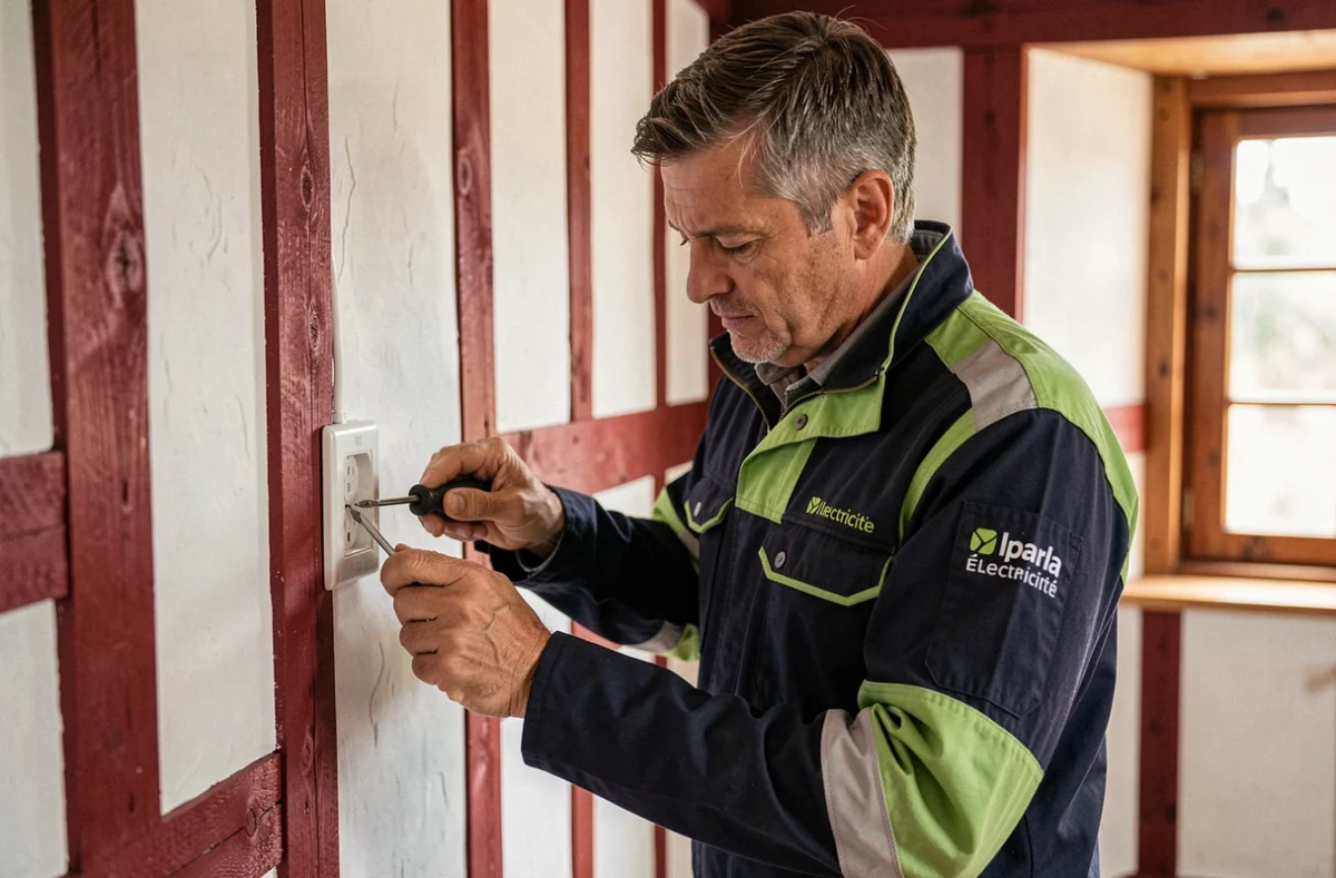 Électricien d'Iparla Électricité posant une prise dans une maison de style basque traditionnel