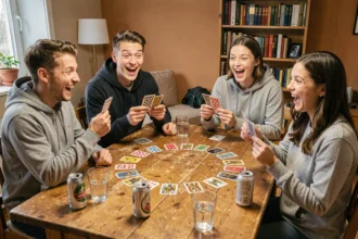 Groupe de jeunes adultes jouant aux palmiers autour d'une table avec des cartes disposées en cercle