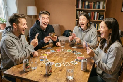 Groupe de jeunes adultes jouant aux palmiers autour d'une table avec des cartes disposées en cercle