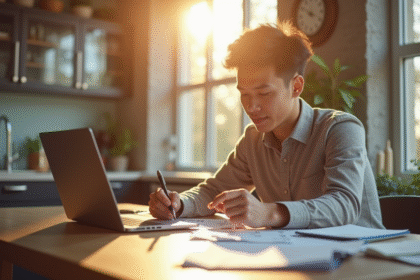 Jeune adulte calcule ses dépenses avec ordinateur et reçus