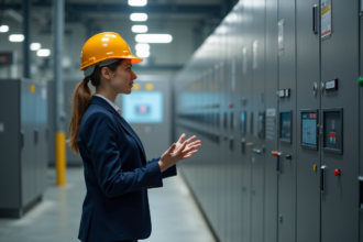 Jeune ingénieure en batterie industrielle en explication