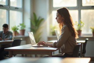 Jeune enseignant au bureau lumineux vérifiant ses emails