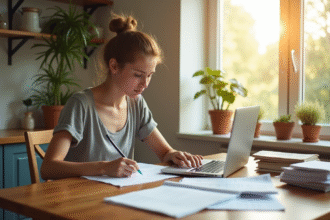 Jeune étudiante organise ses factures de prêt étudiant dans une cuisine lumineuse