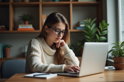 Jeune femme studieuse utilisant un ordinateur portable pour des sites multilingues