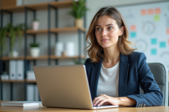 Jeune femme au bureau travaillant sur un ordinateur