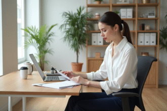 Jeune femme professionnelle dans un bureau moderne et épuré