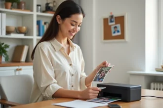 Jeune femme tenant une photo imprimée sortant d'une imprimante photo compacte posée sur un bureau en bois dans un bureau à domicile