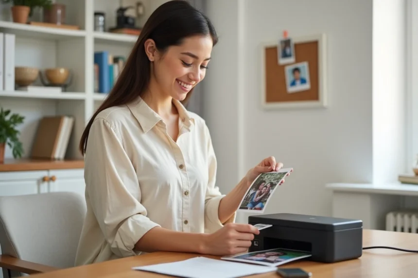 Jeune femme tenant une photo imprimée sortant d'une imprimante photo compacte posée sur un bureau en bois dans un bureau à domicile