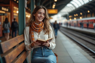 Jeune femme souriante en train de journaliser à la gare