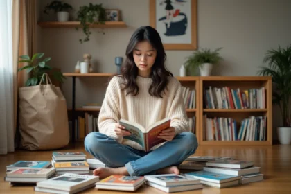 Jeune femme lisant un manhwa dans une bibliothèque cosy