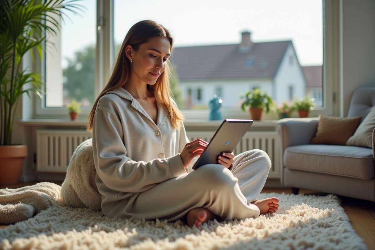 Jeune femme relaxée utilisant une tablette avec VPN