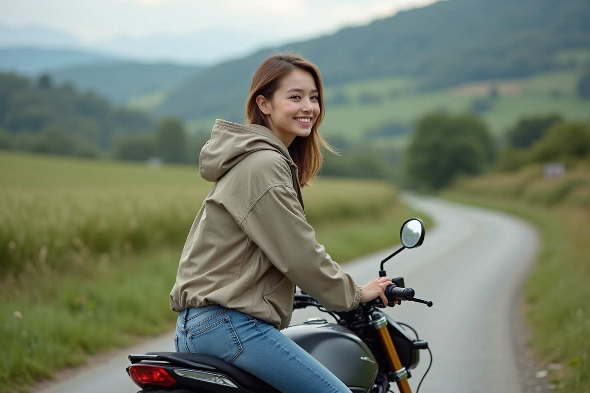 Jeune femme détendue sur une moto en campagne