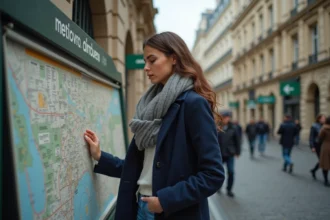 Jeune femme examinant une carte dans une rue parisienne