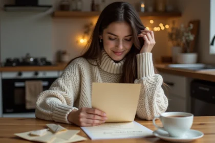 Jeune femme lisant un poème dans la cuisine chaleureuse