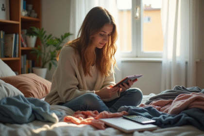 Jeune femme assise sur son lit avec vêtements et calepin