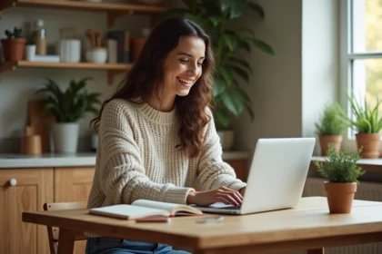 Jeune femme concentrée travaillant sur son laptop à la maison