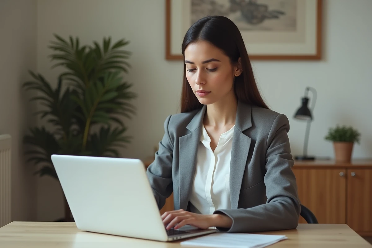 Jeune femme au domicile tapant une lettre sur son ordinateur