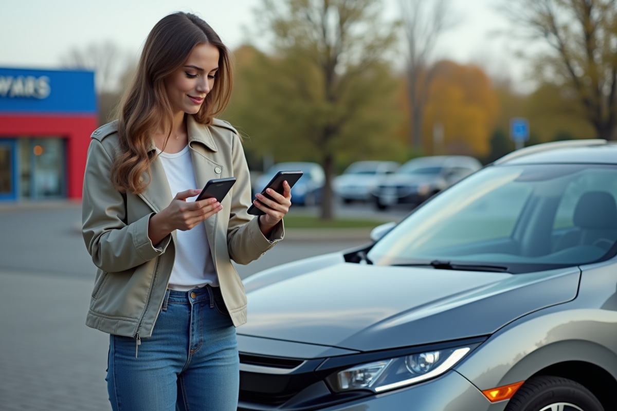 Jeune femme comparant des phares de voiture à l