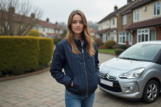 Jeune femme confiante avec sa voiture en banlieue