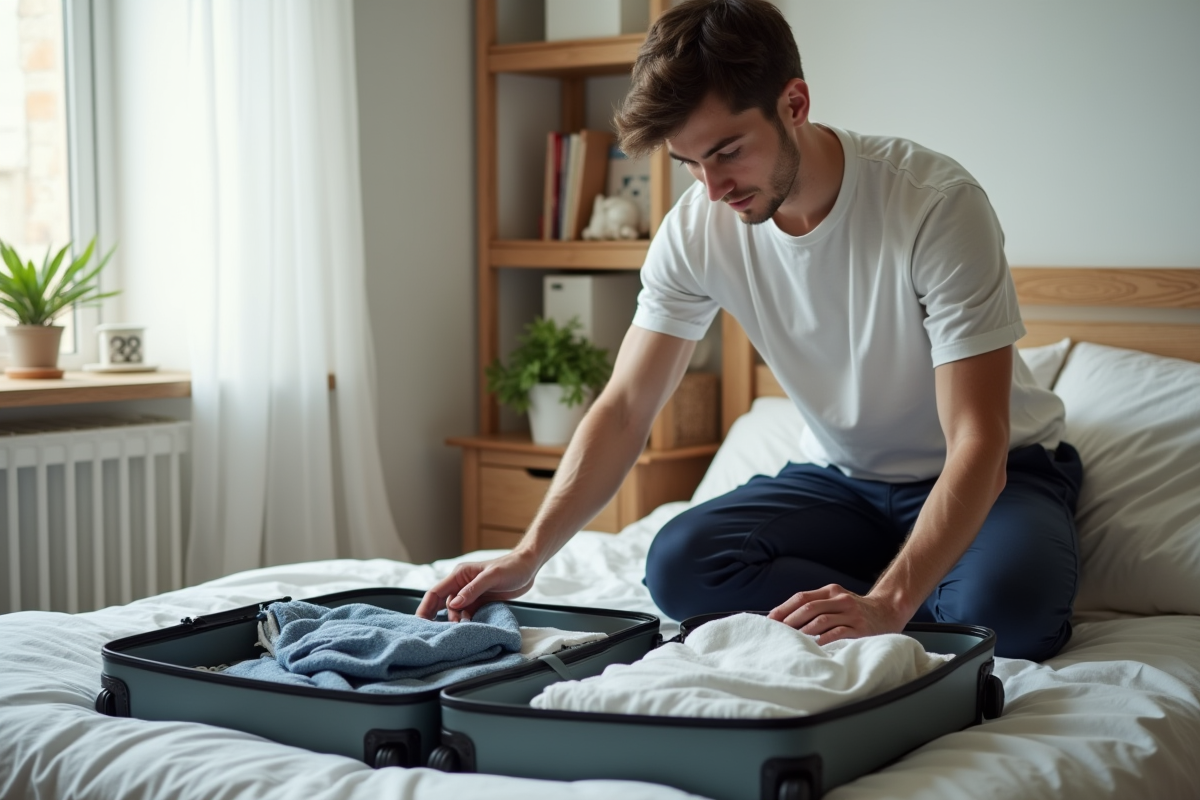 Jeune homme préparant ses vêtements pour le voyage
