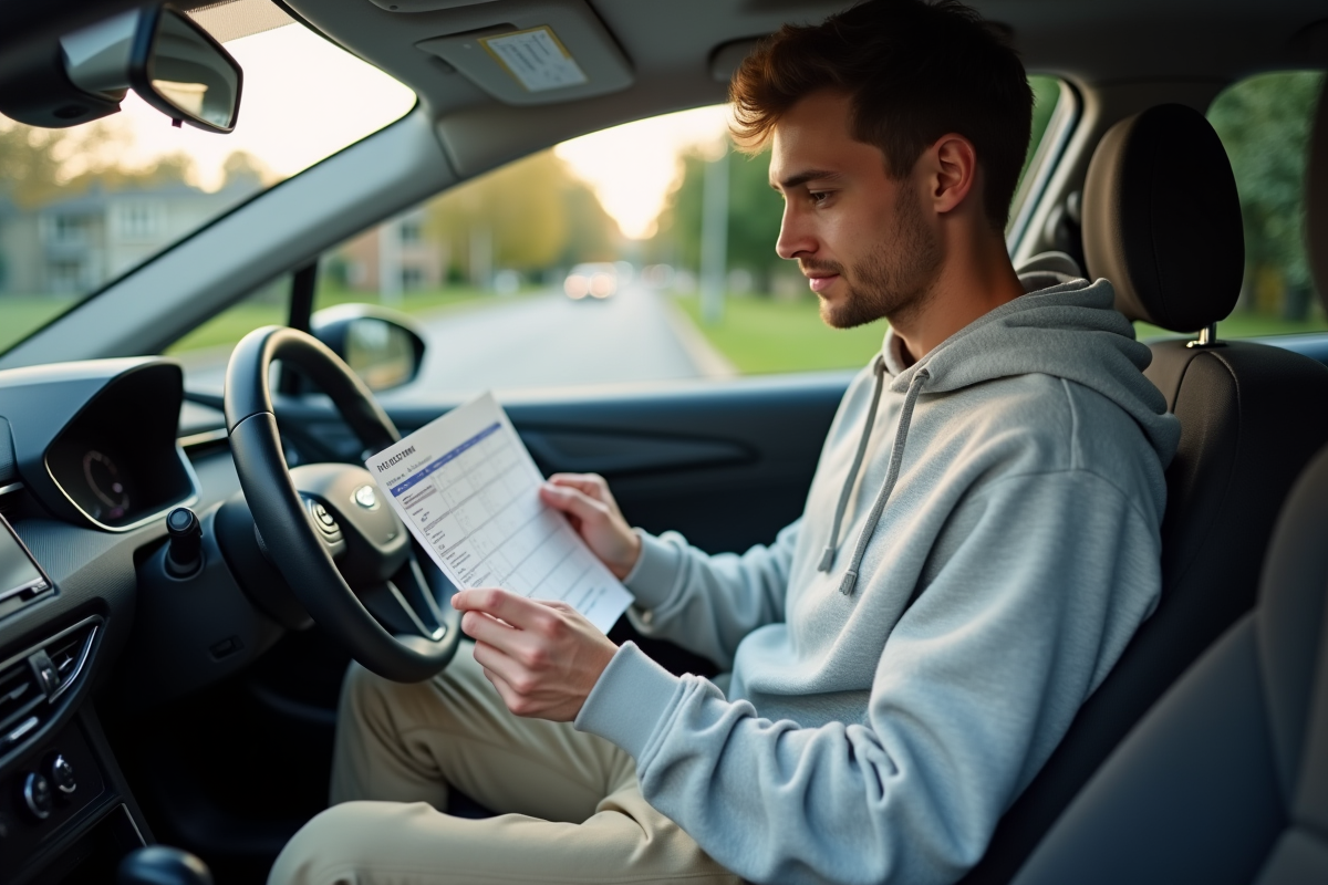 Jeune homme dans voiture hybride regardant un graphique