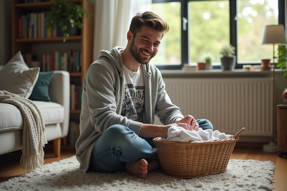 Jeune homme pliant des vêtements dans un salon