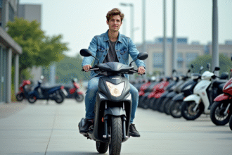 Jeune homme sur une moto neuve de 125 cc en concession