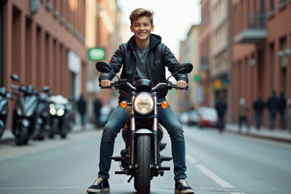 Jeune garçon souriant sur une moto en ville