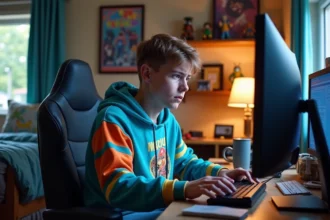 Jeune homme concentré devant son ordinateur dans sa chambre cosy