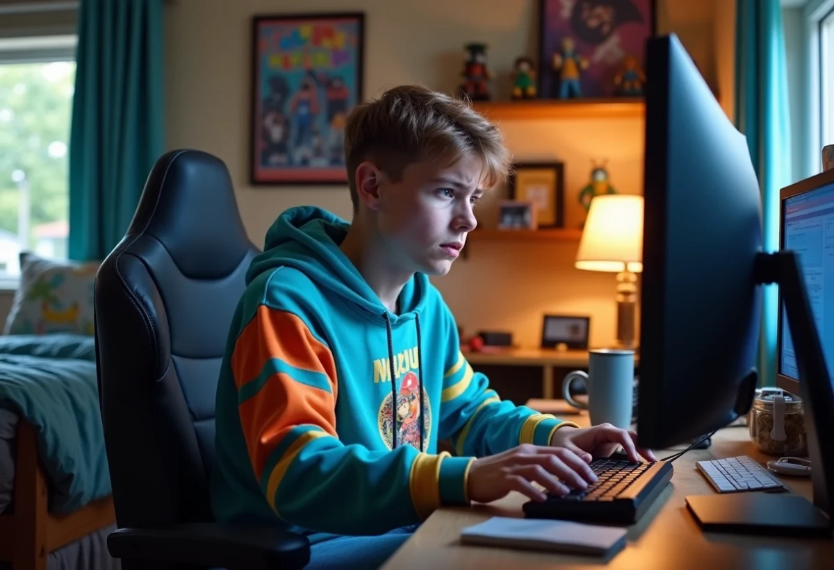 Jeune homme concentré devant son ordinateur dans sa chambre cosy