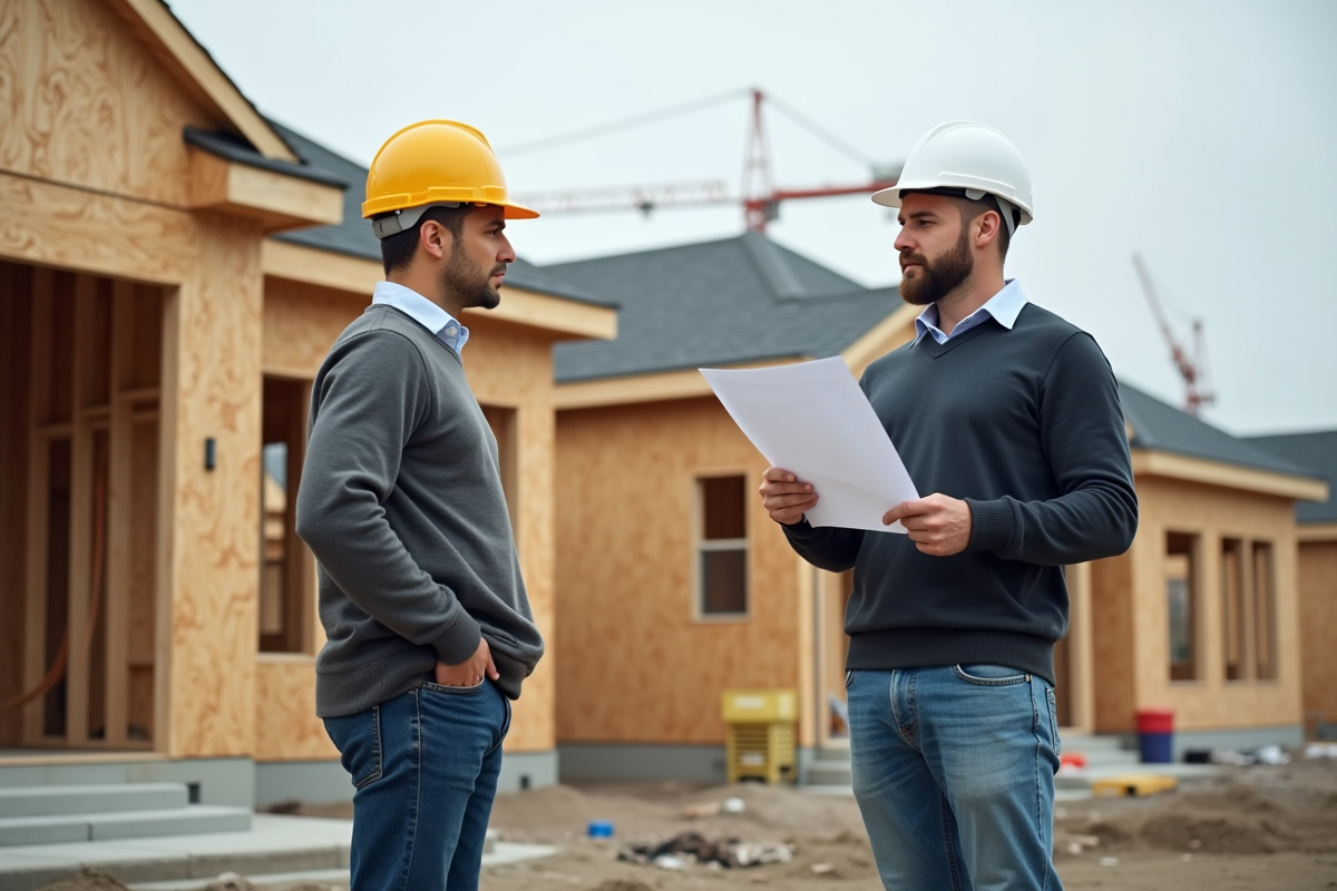 Jeune homme discutant permis de construire sur site