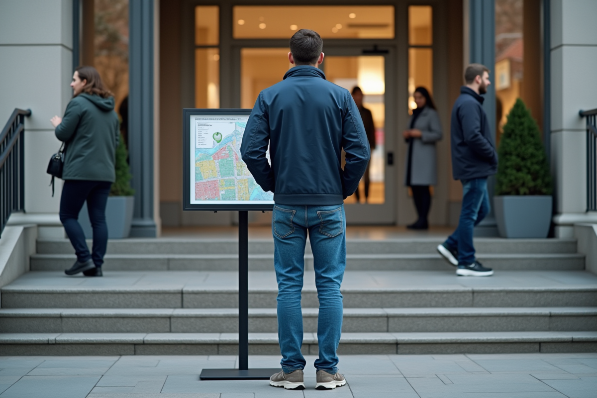 Jeune homme examine une carte de zonage devant un bâtiment