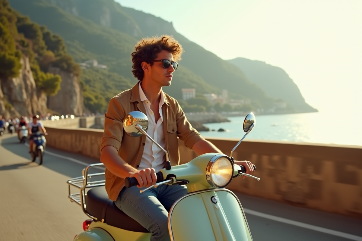 Jeune homme roulant en scooter vintage sur la côte d
