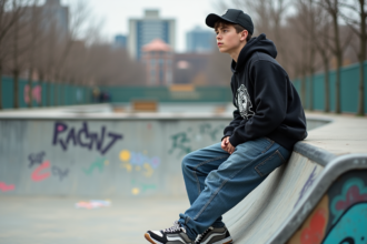 Jeune homme en streetwear décontracté dans un skatepark urbain