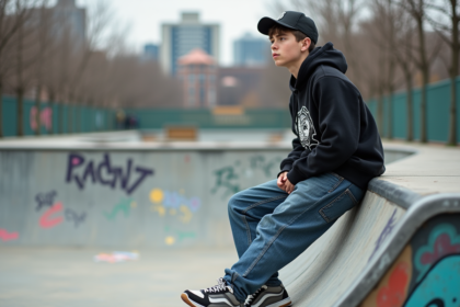 Jeune homme en streetwear décontracté dans un skatepark urbain