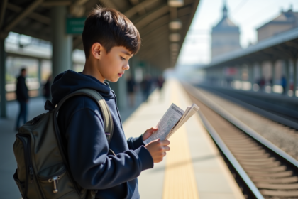 Jeune garçon de 13 ans sur une plateforme de train en Europe vérifiant une carte
