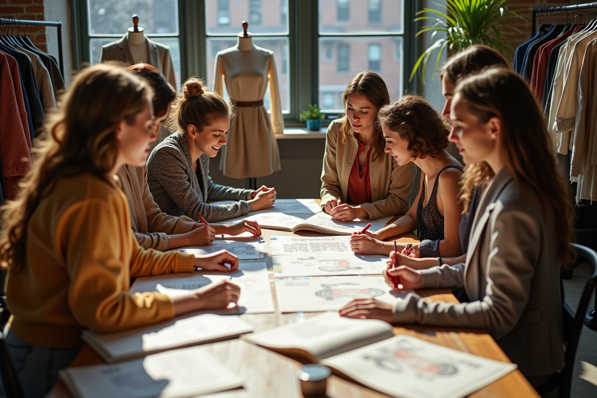 Jeunes créateurs de mode dans un atelier lumineux