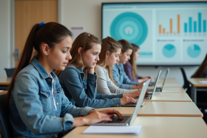 Groupe de lycéens concentrés sur leurs appareils en classe moderne