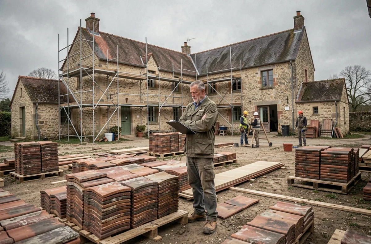 Chef de chantier de l'Entreprise Générale du Bâtiment José Ramos supervisant un remplacement de toiture sur une ferme normande