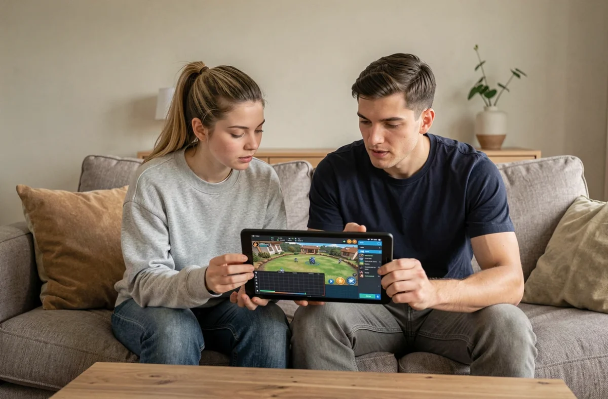 Deux joueurs collaborant sur une tablette pour optimiser une composition de base HDV 8 en guerre de clan