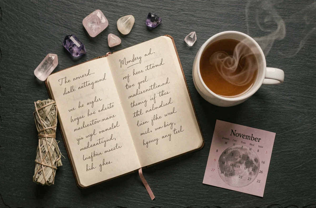 Flat-lay de journal de manifestation et cristaux pour la pleine lune novembre et la loi de l'attraction