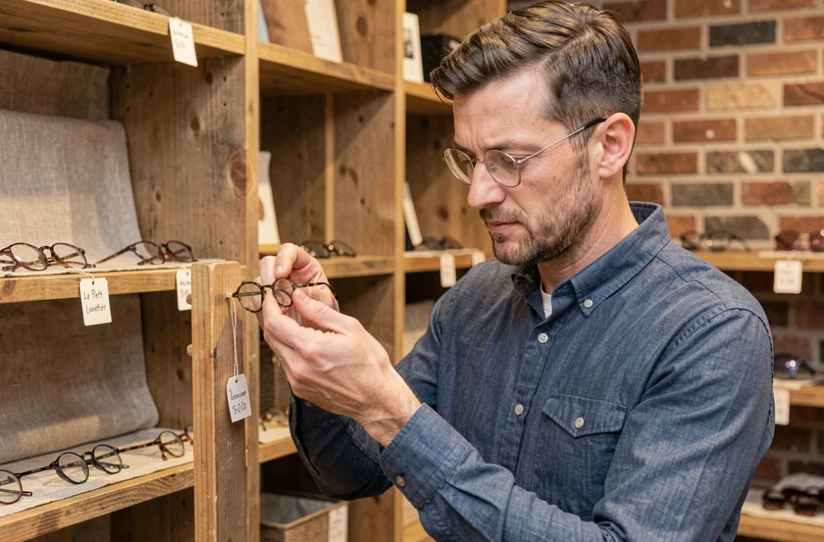 Opticien du Petit Lunetier Rennes ajustant délicatement une monture artisanale dans une boutique au décor chaleureux en bois brut