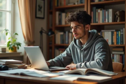 Jeune homme comparant des volumes de manga, un webtoon sur ordinateur portable et des pages de roman light novel à son bureau