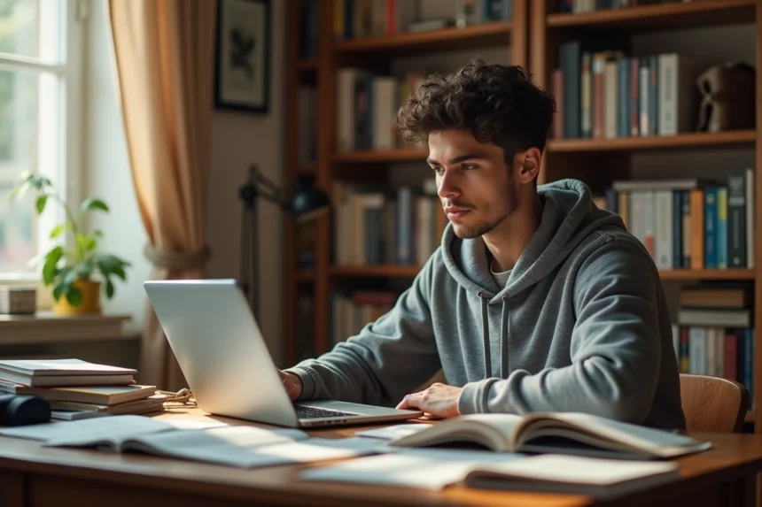 Jeune homme comparant des volumes de manga, un webtoon sur ordinateur portable et des pages de roman light novel à son bureau