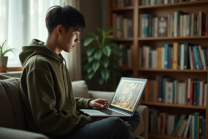 Jeune homme lisant un manga en ligne sur son ordinateur portable dans un appartement cosy avec des étagères remplies de mangas