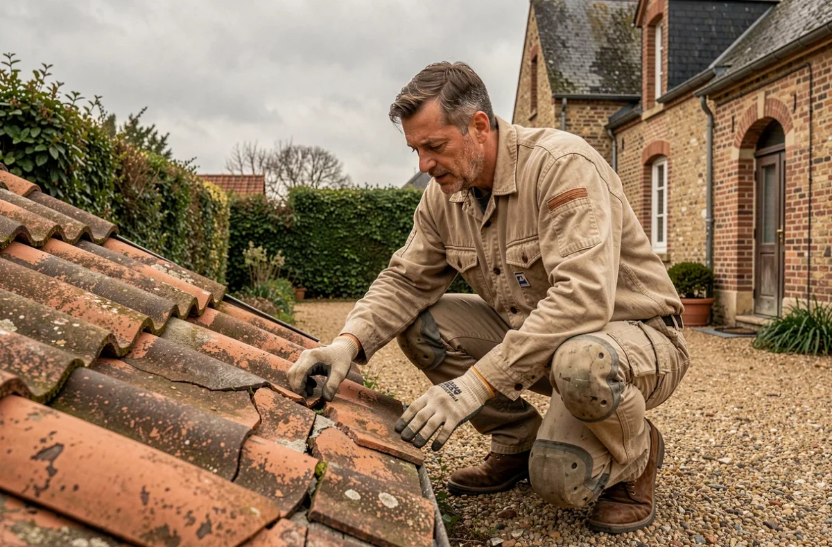 Spécialiste de la rénovation de toiture inspectant des tuiles anciennes pour Les Rénovations de Ted