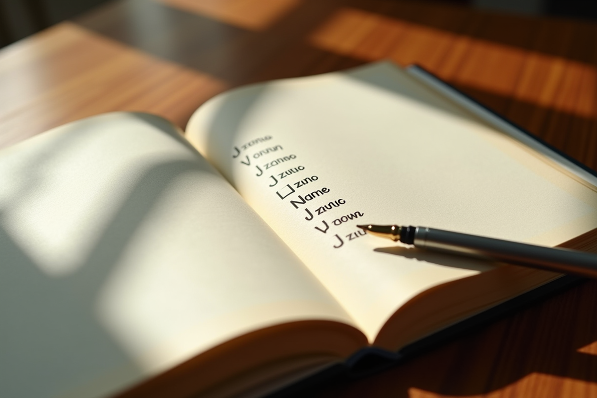 Livre ouvert avec liste de noms J écrits à la main