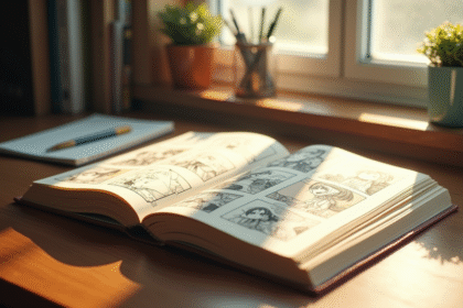 Livre manga ouvert sur un bureau en bois en lumière naturelle