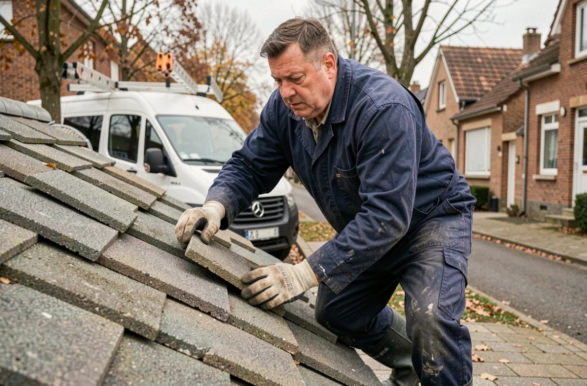 Couvreur Macho reposant des tuiles en béton sur le toit d'un pavillon de banlieue dans les Hauts-de-France