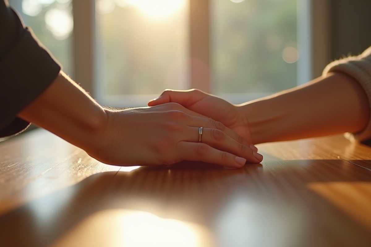 Mains entrelacees sur une table en bois en lumière naturelle